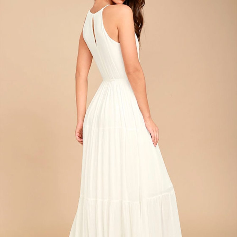 LULU's Creamy White Halter Maxi Tiered Dress — S